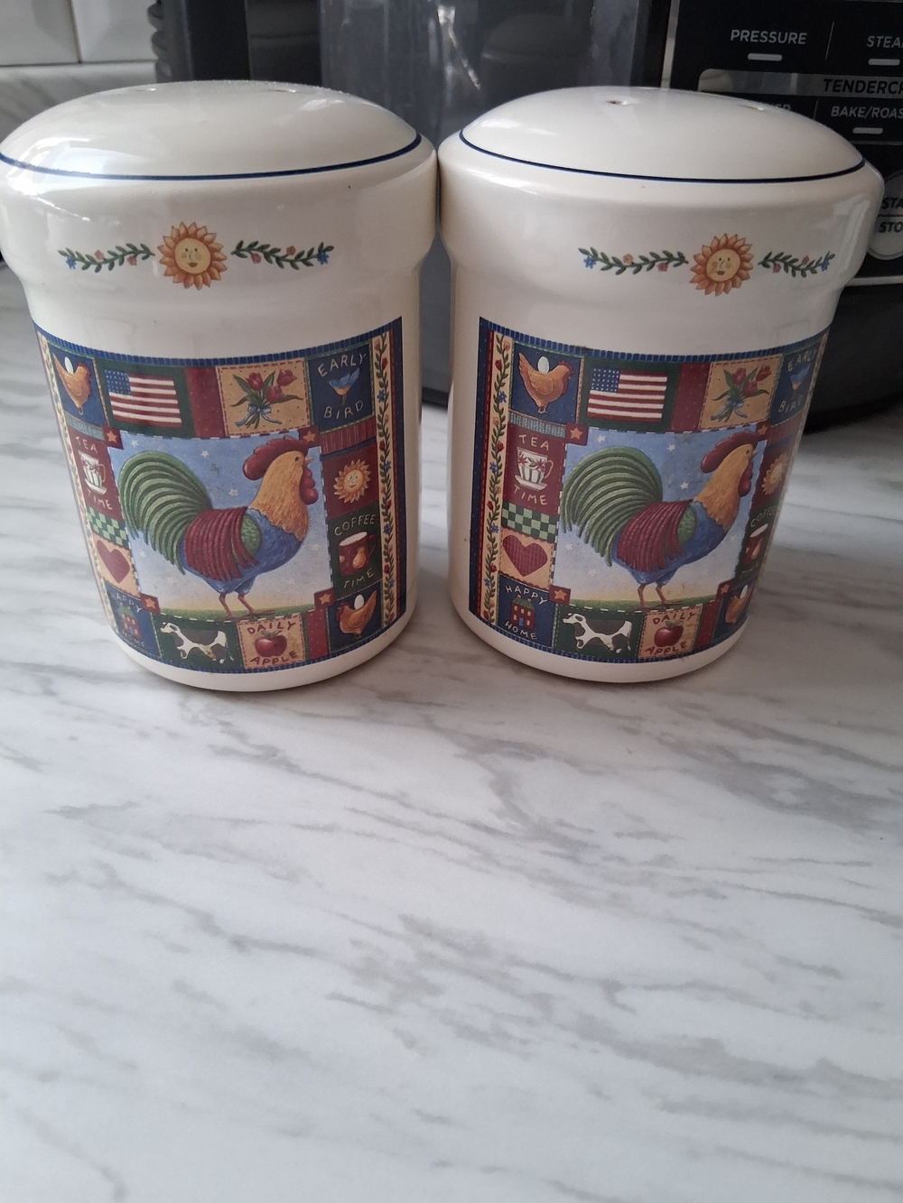 Rooster Ceramic Salt & Pepper Set - White with Multicolor Rooster Design 4"